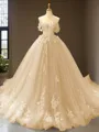 Cute Ball-Gown Princess Off-the-Shoulder Sleeveless Chapel Train Tulle Prom Dress With Applique