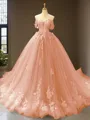 Cute Ball-Gown Princess Off-the-Shoulder Sleeveless Chapel Train Tulle Prom Dress With Applique