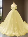 Cute Ball-Gown Princess Off-the-Shoulder Sleeveless Chapel Train Tulle Prom Dress With Applique