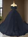 Cute Ball-Gown Princess Off-the-Shoulder Sleeveless Chapel Train Tulle Prom Dress With Applique