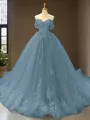 Cute Ball-Gown Princess Off-the-Shoulder Sleeveless Chapel Train Tulle Prom Dress With Applique