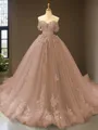 Cute Ball-Gown Princess Off-the-Shoulder Sleeveless Chapel Train Tulle Prom Dress With Applique