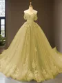 Cute Ball-Gown Princess Off-the-Shoulder Sleeveless Chapel Train Tulle Prom Dress With Applique
