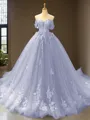 Cute Ball-Gown Princess Off-the-Shoulder Sleeveless Chapel Train Tulle Prom Dress With Applique