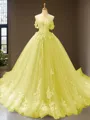 Cute Ball-Gown Princess Off-the-Shoulder Sleeveless Chapel Train Tulle Prom Dress With Applique
