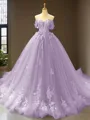 Cute Ball-Gown Princess Off-the-Shoulder Sleeveless Chapel Train Tulle Prom Dress With Applique