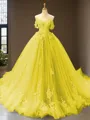 Cute Ball-Gown Princess Off-the-Shoulder Sleeveless Chapel Train Tulle Prom Dress With Applique