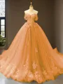 Cute Ball-Gown Princess Off-the-Shoulder Sleeveless Chapel Train Tulle Prom Dress With Applique
