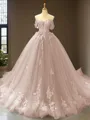 Cute Ball-Gown Princess Off-the-Shoulder Sleeveless Chapel Train Tulle Prom Dress With Applique