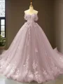 Cute Ball-Gown Princess Off-the-Shoulder Sleeveless Chapel Train Tulle Prom Dress With Applique