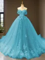 Cute Ball-Gown Princess Off-the-Shoulder Sleeveless Chapel Train Tulle Prom Dress With Applique
