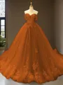 Cute Ball-Gown Princess Off-the-Shoulder Sleeveless Chapel Train Tulle Prom Dress With Applique