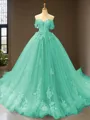 Cute Ball-Gown Princess Off-the-Shoulder Sleeveless Chapel Train Tulle Prom Dress With Applique