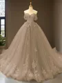 Cute Ball-Gown Princess Off-the-Shoulder Sleeveless Chapel Train Tulle Prom Dress With Applique