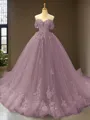 Cute Ball-Gown Princess Off-the-Shoulder Sleeveless Chapel Train Tulle Prom Dress With Applique