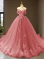 Cute Ball-Gown Princess Off-the-Shoulder Sleeveless Chapel Train Tulle Prom Dress With Applique