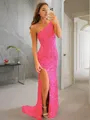 Sheath/Column One-Shoulder Sparkly Sleeveless Sweep Train Velvet Sequins Prom Dress With Slit