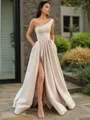 A-line One-Shoulder Sleeveless Floor-Length Elegant Satin Prom Dress With Slit