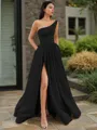 A-line One-Shoulder Sleeveless Floor-Length Elegant Satin Prom Dress With Slit
