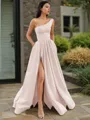 A-line One-Shoulder Sleeveless Floor-Length Elegant Satin Prom Dress With Slit