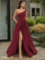 A-line One-Shoulder Sleeveless Floor-Length Elegant Satin Prom Dress With Slit