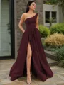 A-line One-Shoulder Sleeveless Floor-Length Elegant Satin Prom Dress With Slit