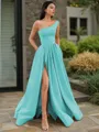 A-line One-Shoulder Sleeveless Floor-Length Elegant Satin Prom Dress With Slit