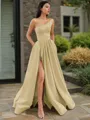 A-line One-Shoulder Sleeveless Floor-Length Elegant Satin Prom Dress With Slit
