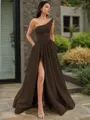 A-line One-Shoulder Sleeveless Floor-Length Elegant Satin Prom Dress With Slit
