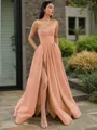 A-line One-Shoulder Sleeveless Floor-Length Elegant Satin Prom Dress With Slit