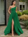 A-line One-Shoulder Sleeveless Floor-Length Elegant Satin Prom Dress With Slit