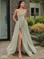 A-line One-Shoulder Sleeveless Floor-Length Elegant Satin Prom Dress With Slit