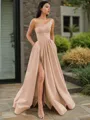 A-line One-Shoulder Sleeveless Floor-Length Elegant Satin Prom Dress With Slit