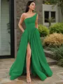 A-line One-Shoulder Sleeveless Floor-Length Elegant Satin Prom Dress With Slit