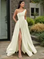 A-line One-Shoulder Sleeveless Floor-Length Elegant Satin Prom Dress With Slit