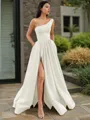 A-line One-Shoulder Sleeveless Floor-Length Elegant Satin Prom Dress With Slit