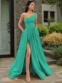 A-line One-Shoulder Sleeveless Floor-Length Elegant Satin Prom Dress With Slit