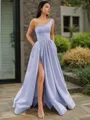 A-line One-Shoulder Sleeveless Floor-Length Elegant Satin Prom Dress With Slit