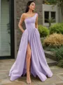 A-line One-Shoulder Sleeveless Floor-Length Elegant Satin Prom Dress With Slit