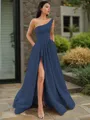 A-line One-Shoulder Sleeveless Floor-Length Elegant Satin Prom Dress With Slit