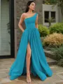 A-line One-Shoulder Sleeveless Floor-Length Elegant Satin Prom Dress With Slit