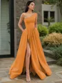 A-line One-Shoulder Sleeveless Floor-Length Elegant Satin Prom Dress With Slit