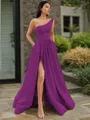 A-line One-Shoulder Sleeveless Floor-Length Elegant Satin Prom Dress With Slit