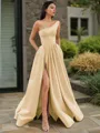 A-line One-Shoulder Sleeveless Floor-Length Elegant Satin Prom Dress With Slit