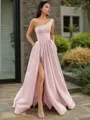 A-line One-Shoulder Sleeveless Floor-Length Elegant Satin Prom Dress With Slit