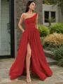 A-line One-Shoulder Sleeveless Floor-Length Elegant Satin Prom Dress With Slit
