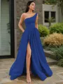 A-line One-Shoulder Sleeveless Floor-Length Elegant Satin Prom Dress With Slit