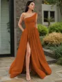 A-line One-Shoulder Sleeveless Floor-Length Elegant Satin Prom Dress With Slit