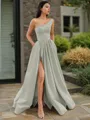 A-line One-Shoulder Sleeveless Floor-Length Elegant Satin Prom Dress With Slit