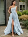A-line One-Shoulder Sleeveless Floor-Length Elegant Satin Prom Dress With Slit